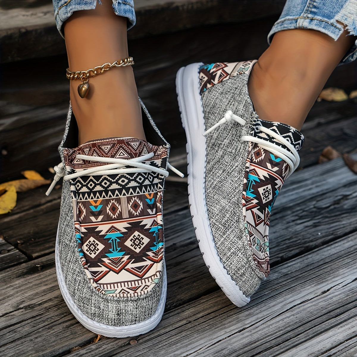Geometric Print Loafers, Soft Sole Slip On Canvas Shoes