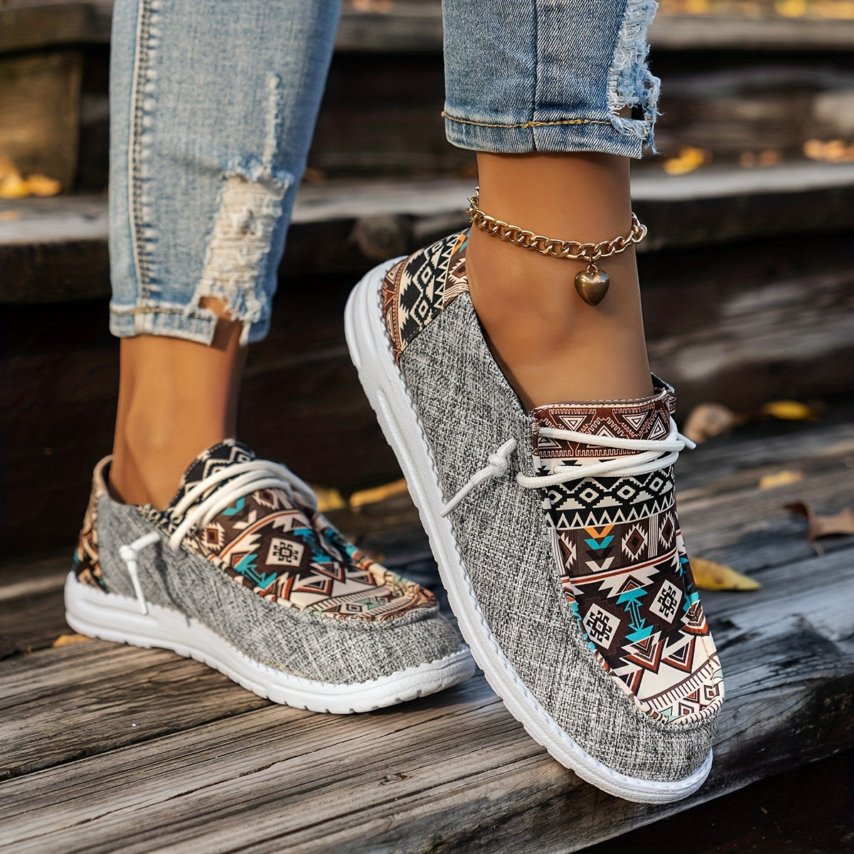 Geometric Print Loafers, Soft Sole Slip On Canvas Shoes